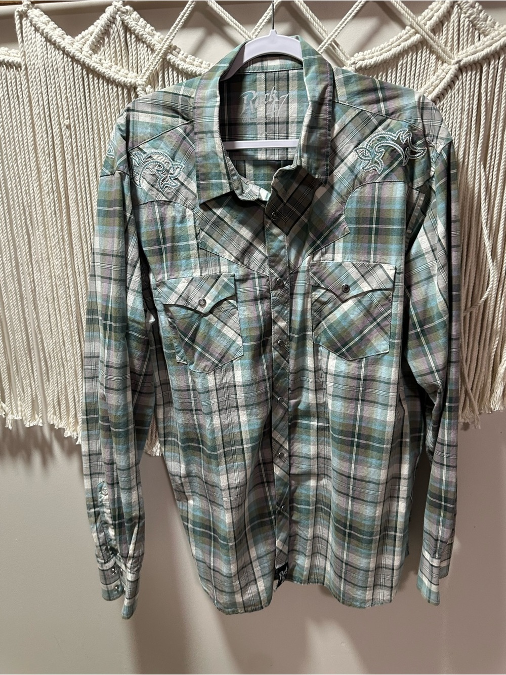 Plaid Western Button-Down Shirt in Mint Green & Gray